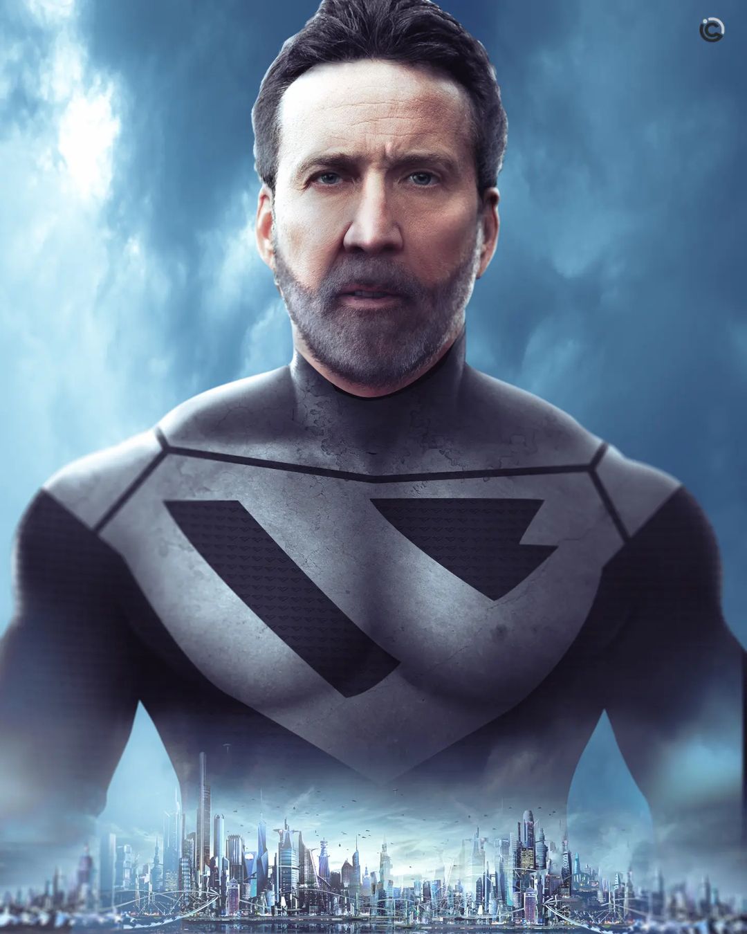 Николас Кейдж показан в роли Супермена будущего в черном костюме