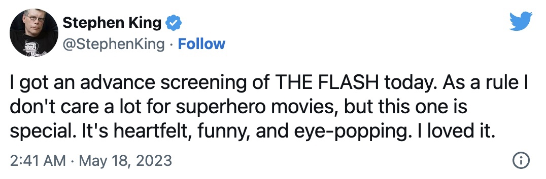Стивен Кинг оставил неожиданный отзыв о фильме «Флэш» от DC