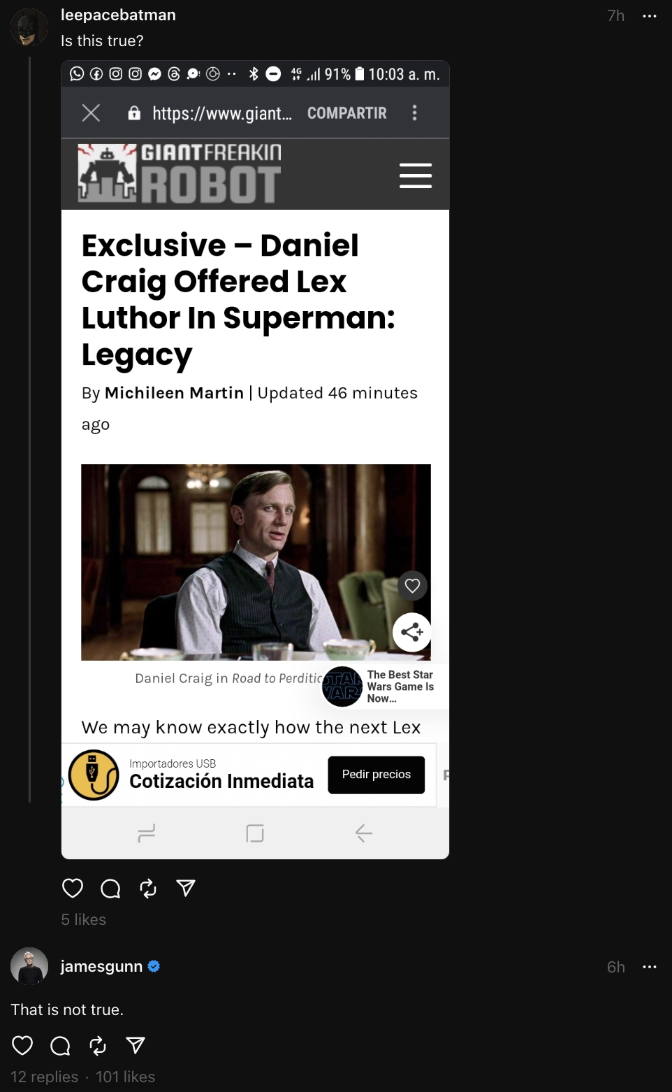 Дэниел Крэйг не сыграет Лекса Лютора в перезапущенной киновселенной DC