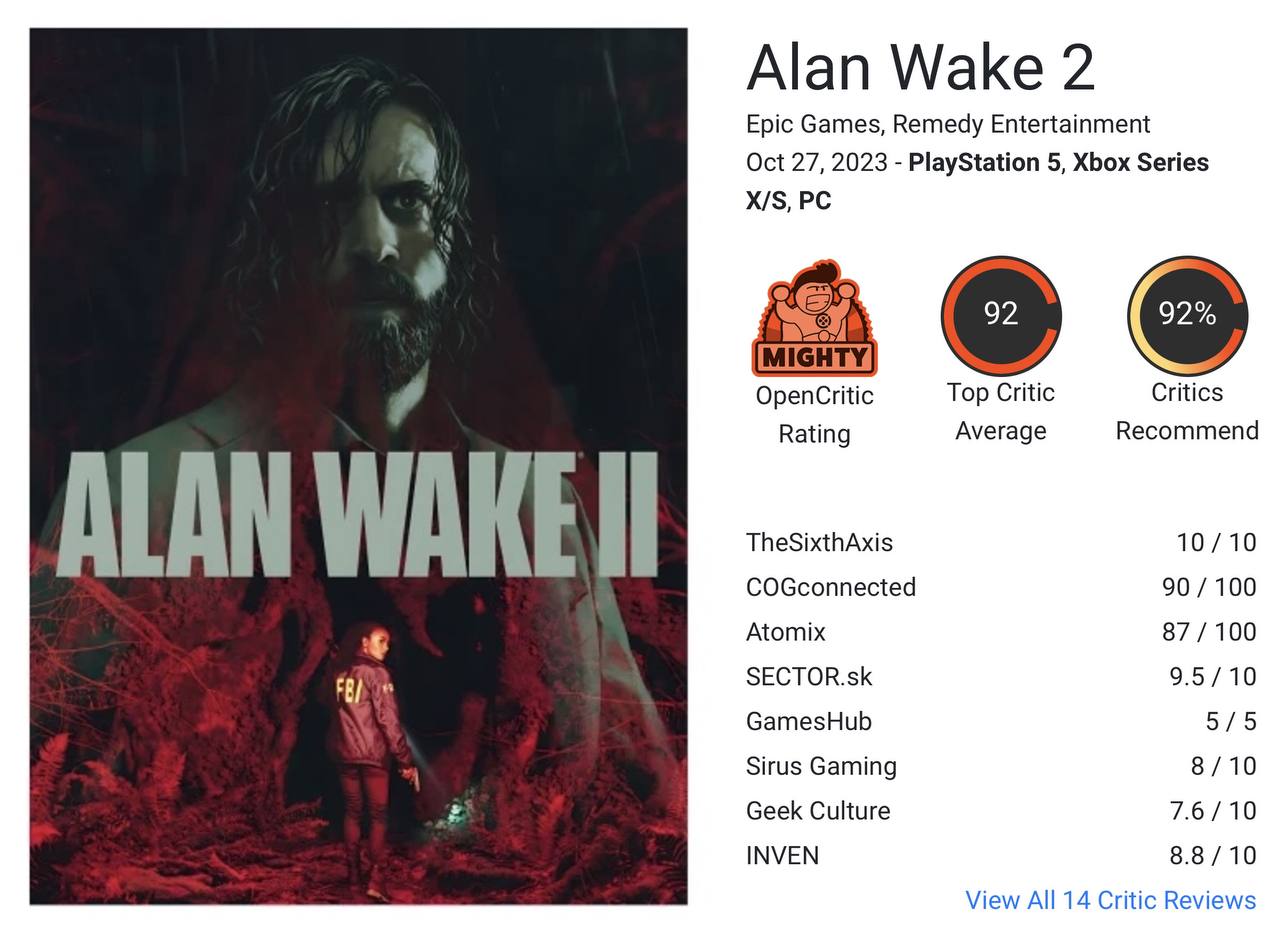 Пользовательский рейтинг Alan Wake 2 на Metacritic составил 8.6 балла -  Shazoo