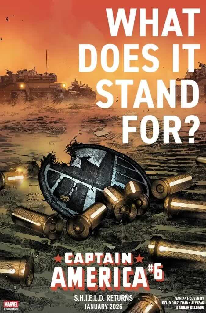 Разбитая эмблема Щ.И.Т. лежит на земле в варианте на обложке Captain America #6