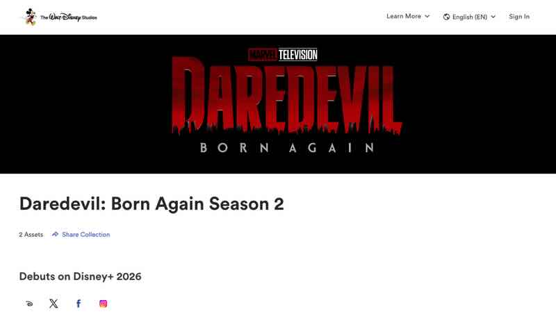 Страница второго сезона сериала «Сорвиголова: Рождение заново» на Disney