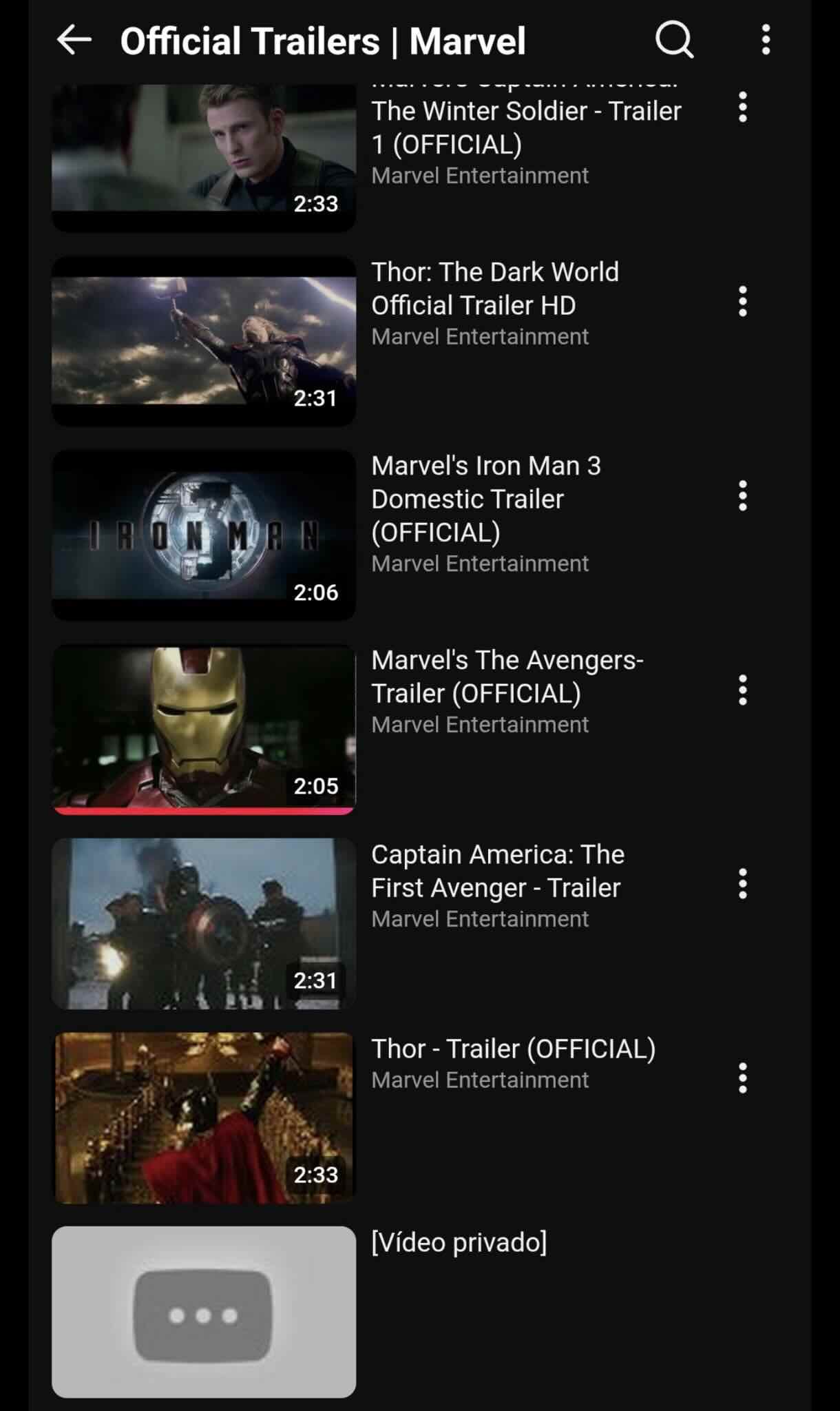 YouTube. Плейлист «Официальные трейлеры Marvel» со ​​скрытым частным видео / YouTube