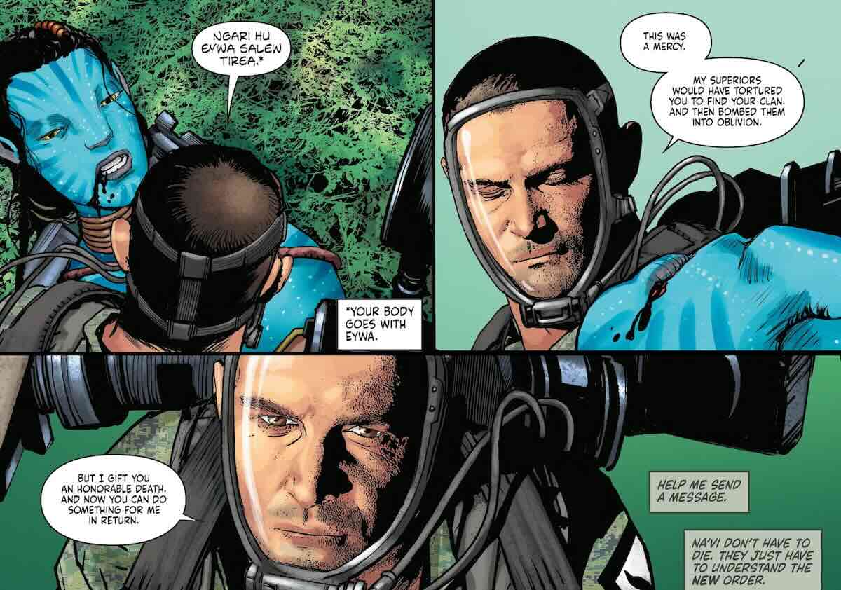 Майор Буковски обнимает мертвых На'ви в комиксе по «Аватару»