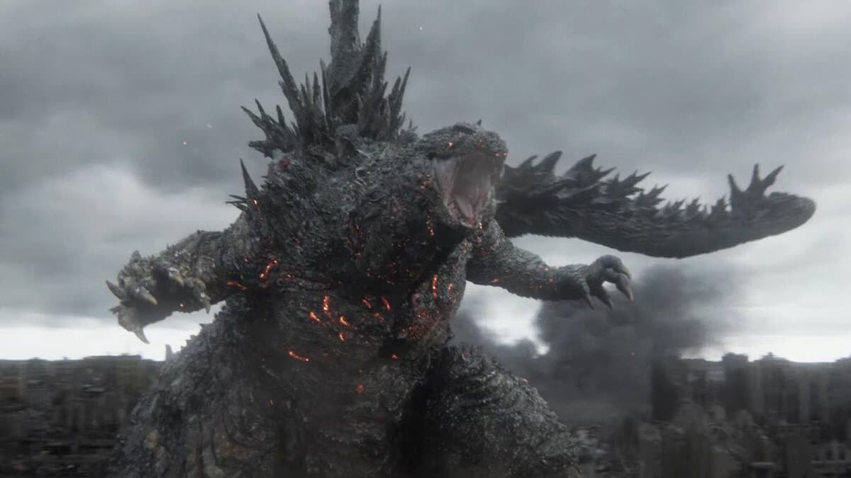 Годзилла рычит посреди города в фильме *Godzilla Minus Zero*